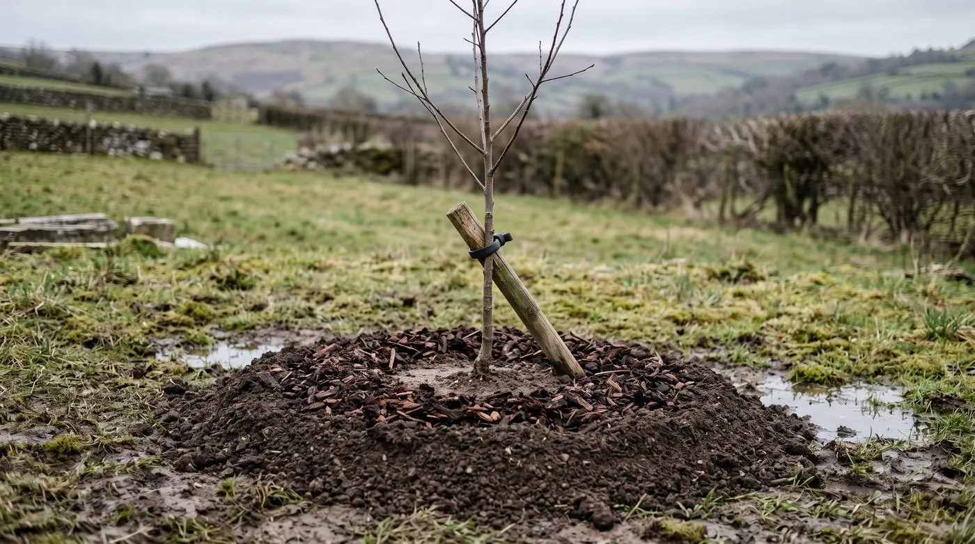 Young apple tree planted on a raised mound above wet clay soil to help prevent canker