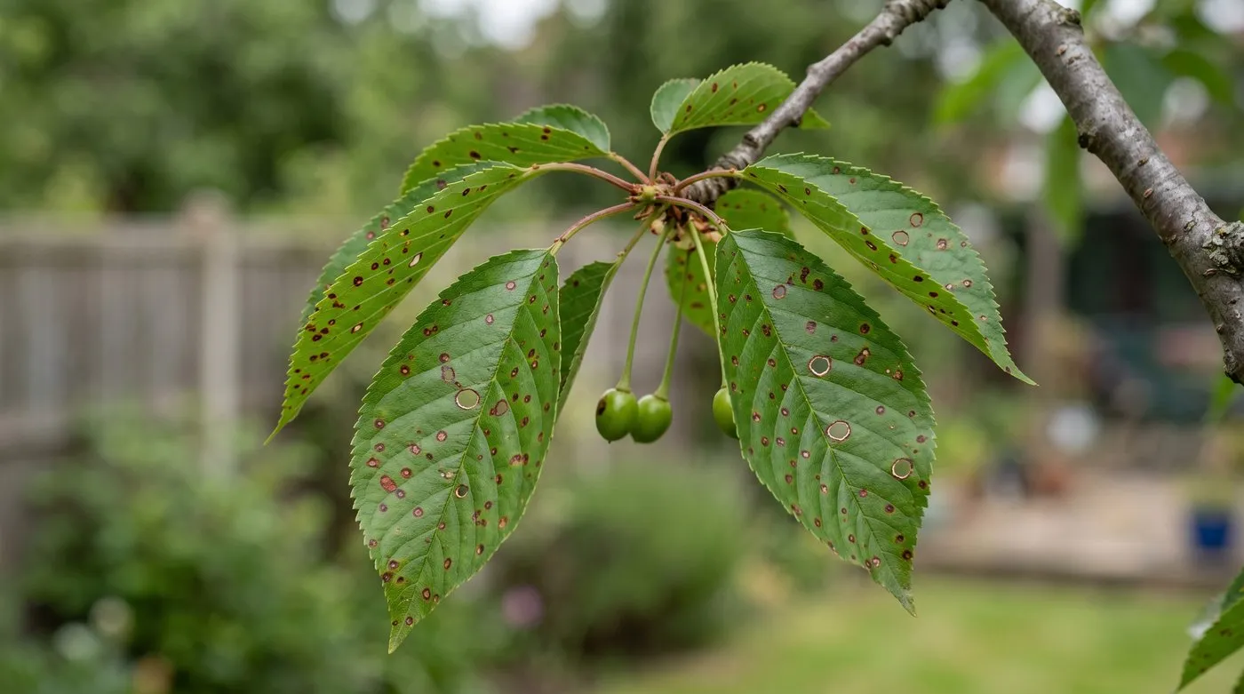 Cherry tree leaves with small brown spots and shot holes, a spring sign of bacterial canker