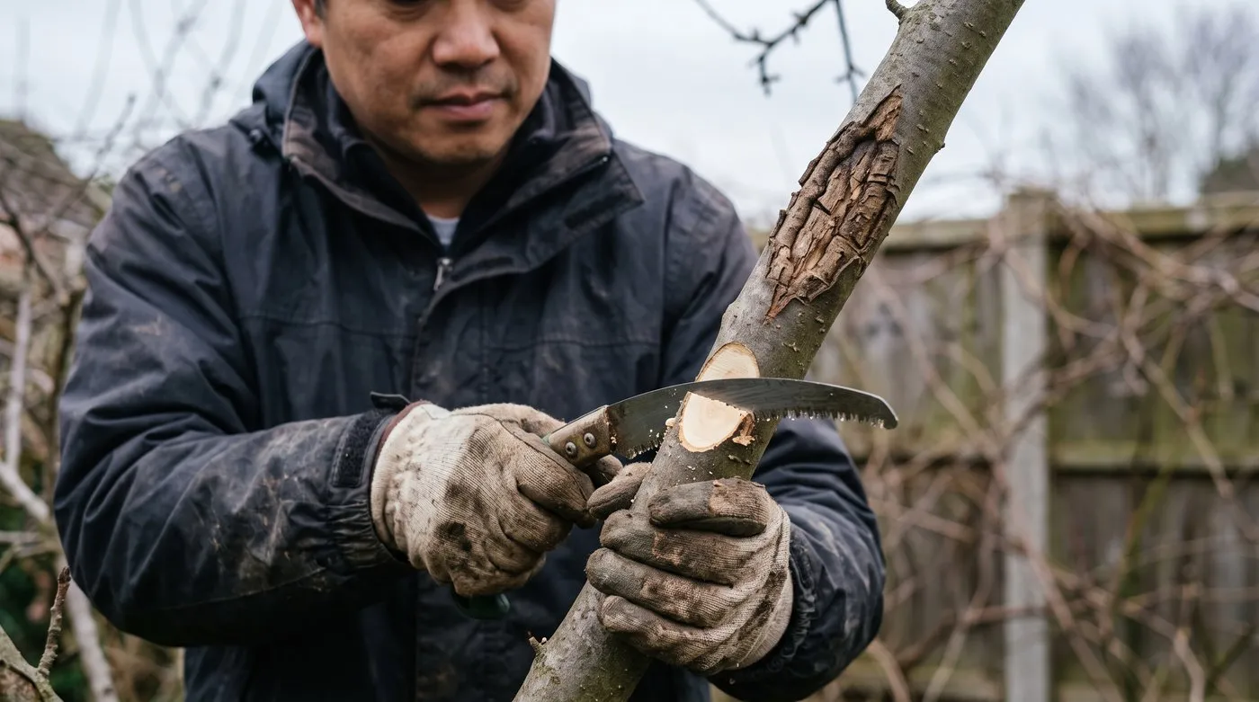 Man sawing off an apple branch well below a canker so the cut end shows clean pale wood