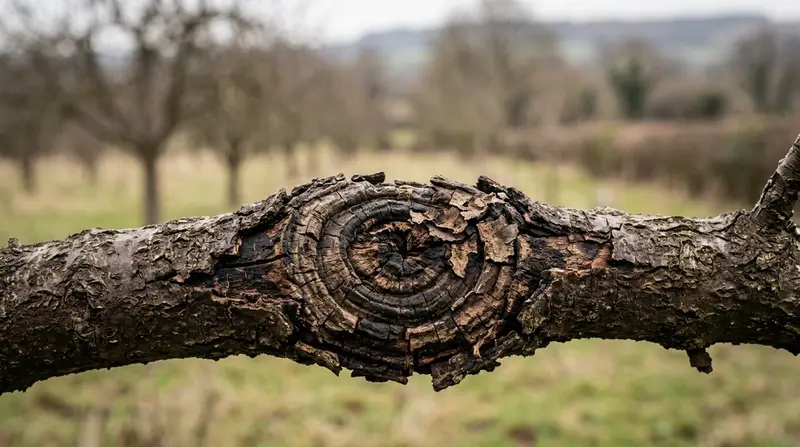 Canker fruit trees showing sunken bark lesions and dieback on an apple tree branch in a UK orchard