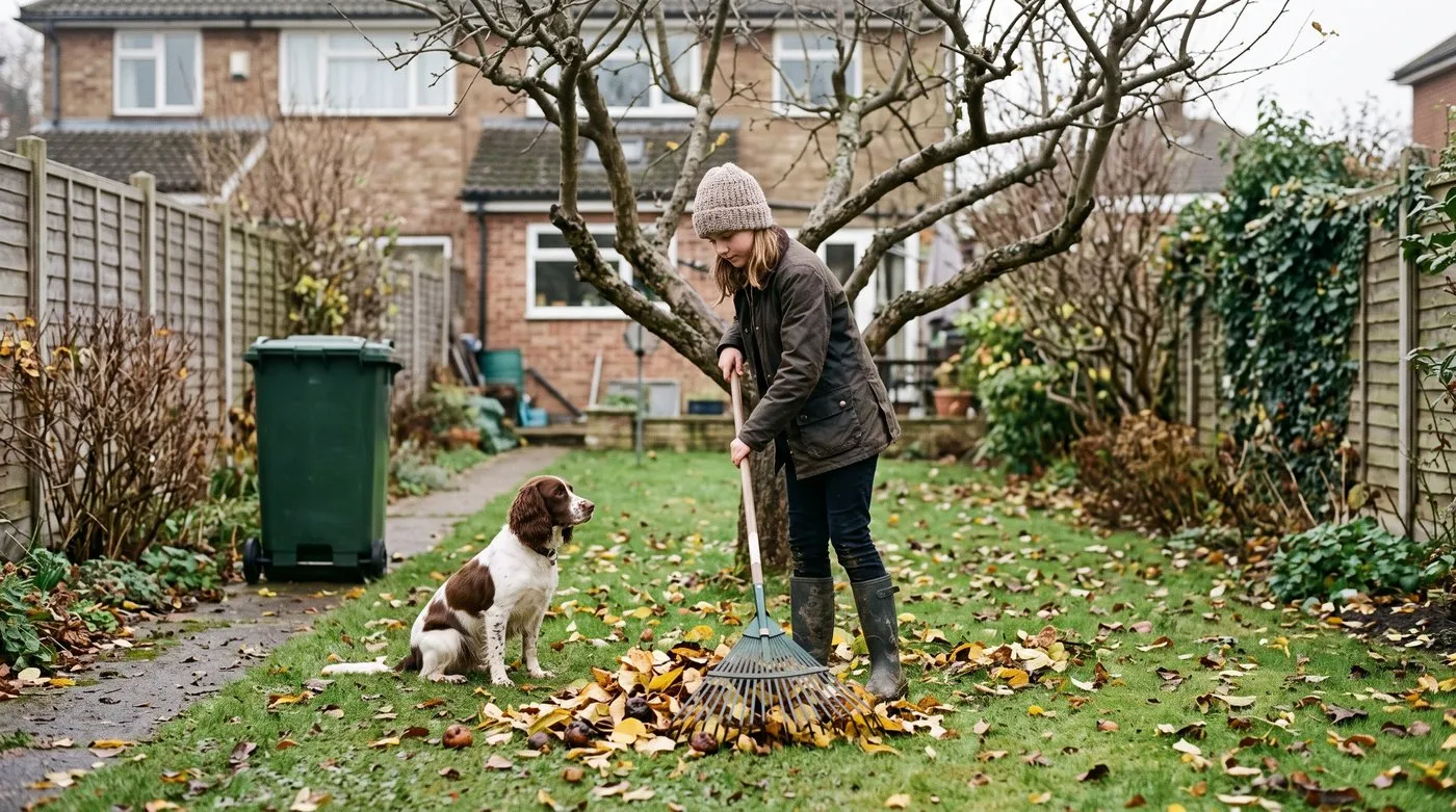 Girl raking fallen apple leaves and old fruit under a fruit tree with a spaniel watching