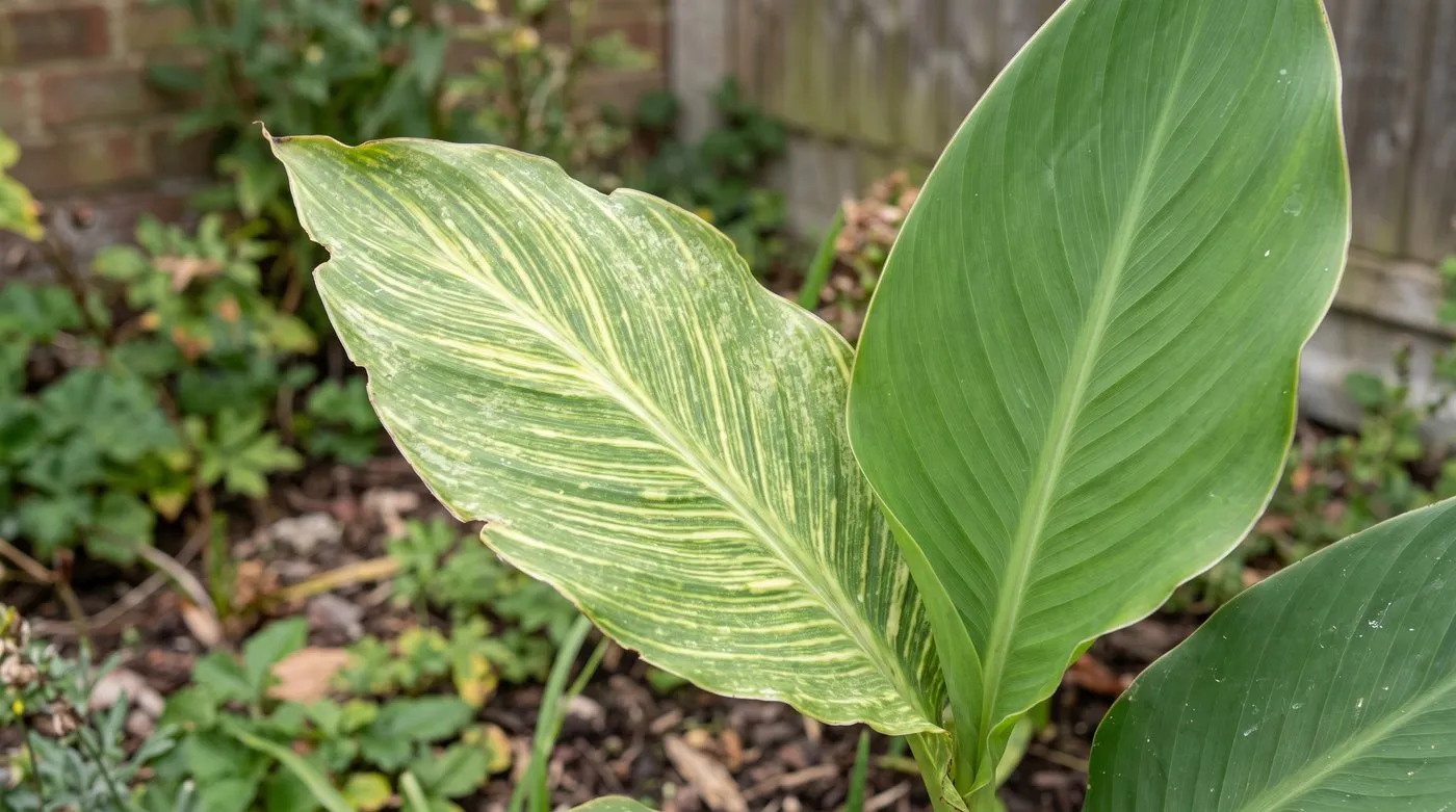 Canna leaf with pale yellow virus streaks along the veins beside a healthy green leaf