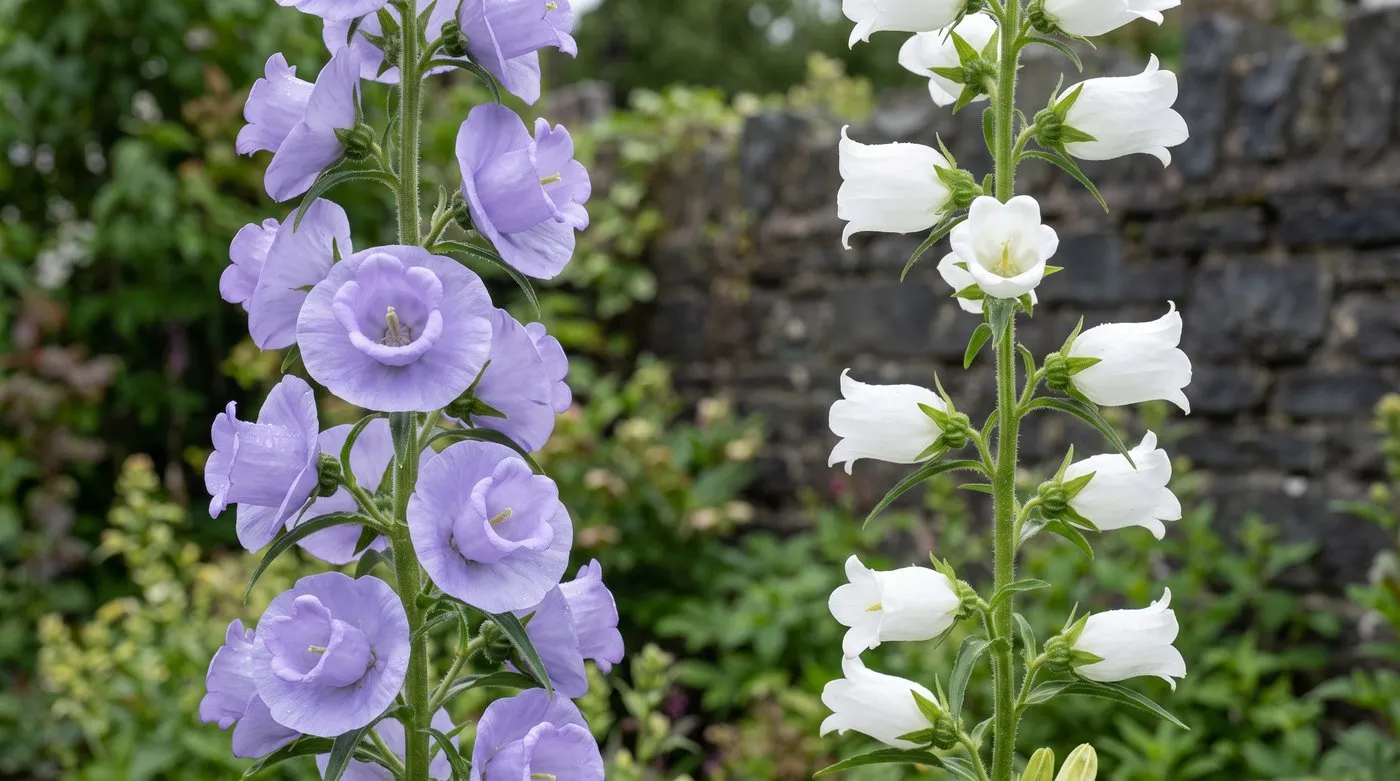 Lilac Cup and Saucer Canterbury bells with flat collars behind each bell beside a spike of plain white single bells