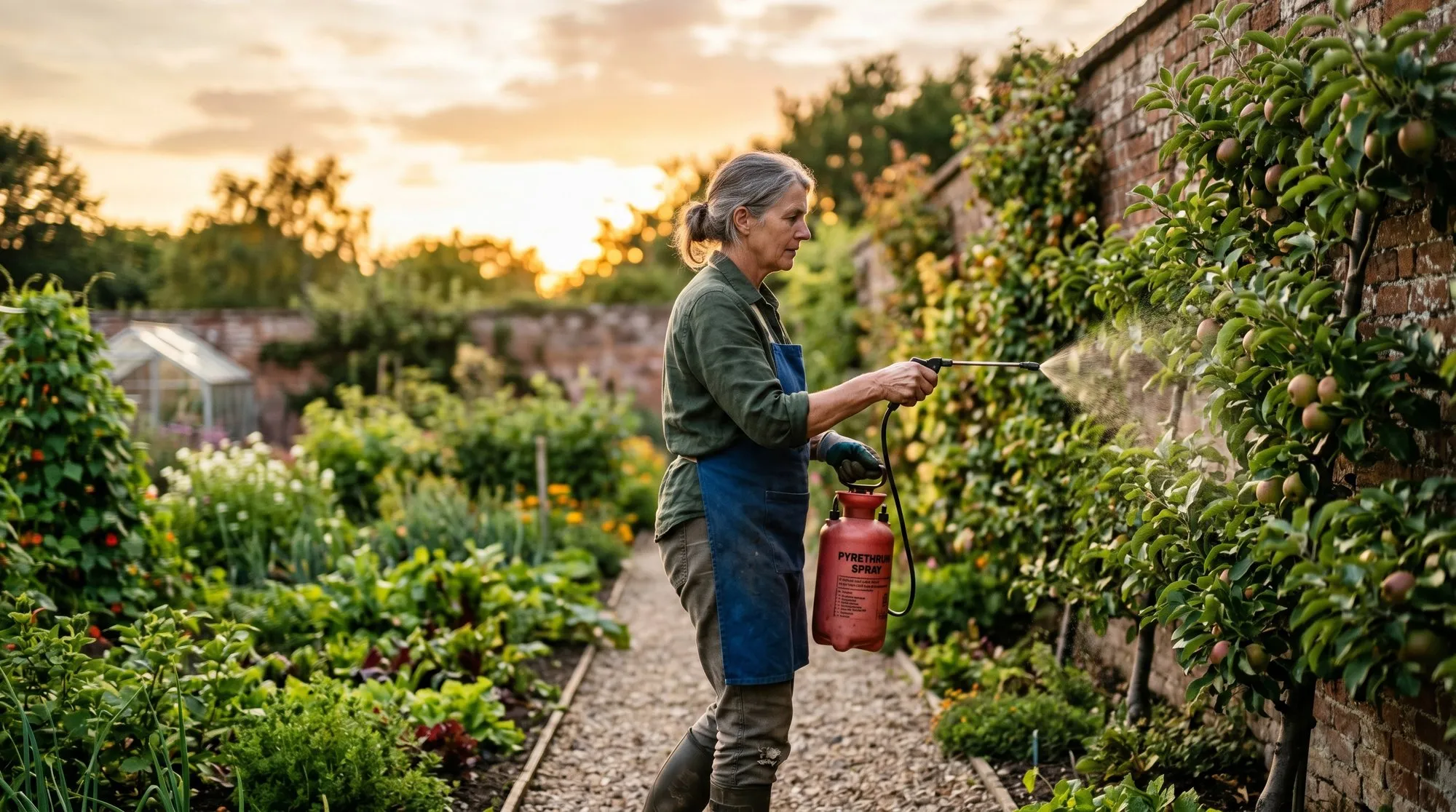 UK gardener spraying pyrethrum at dusk on apple cordon trees walled garden evening light