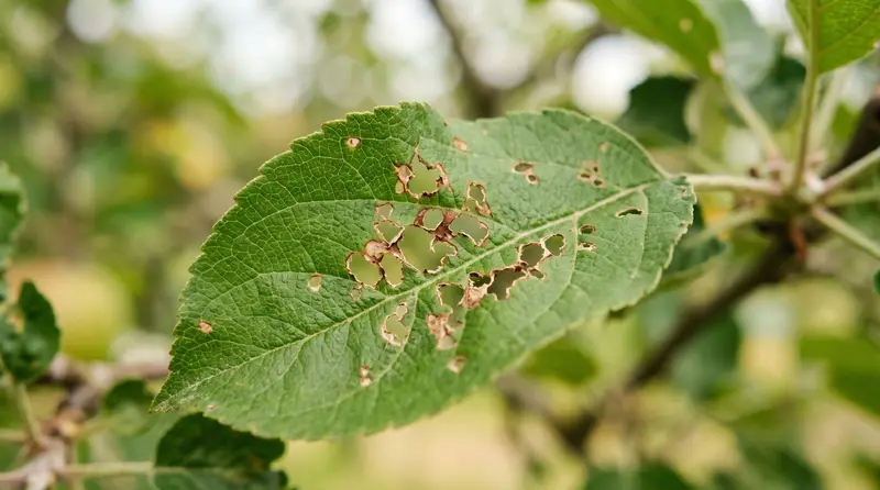 Capsid bug damage on UK apple leaves showing characteristic pinprick holes that expanded into ragged tears as leaves grew