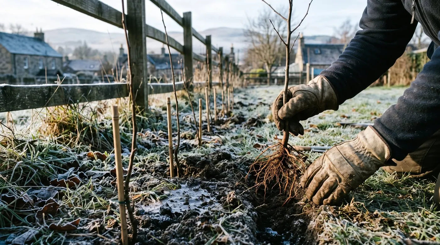 Gloved hands planting a bare-root hawthorn whip in a new native hedge row on a frosty winter day