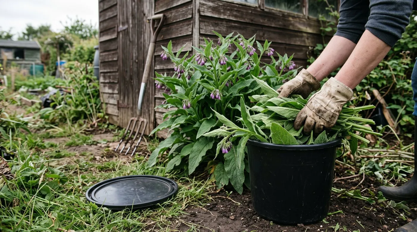 Cut comfrey leaves packed into a black bucket beside a flowering comfrey clump on an allotment