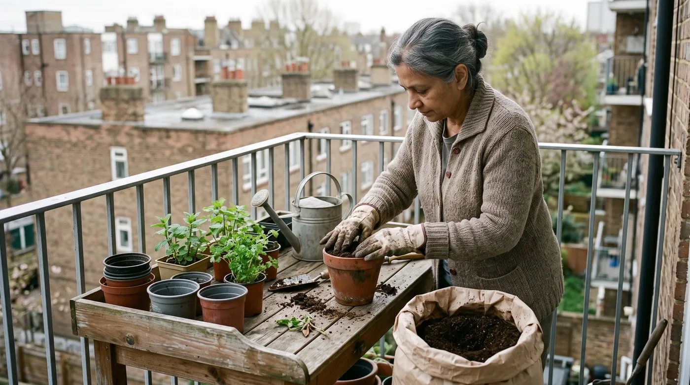 Gardener potting herbs into reused pots with peat-free compost on a balcony potting bench