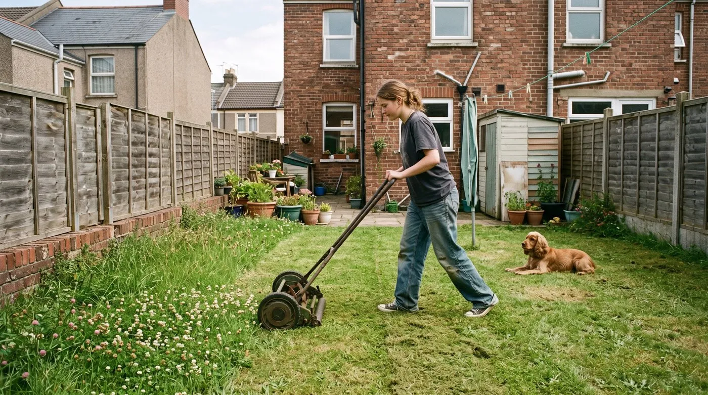 Teenager mowing a small lawn with a push cylinder mower while a spaniel lies on the grass