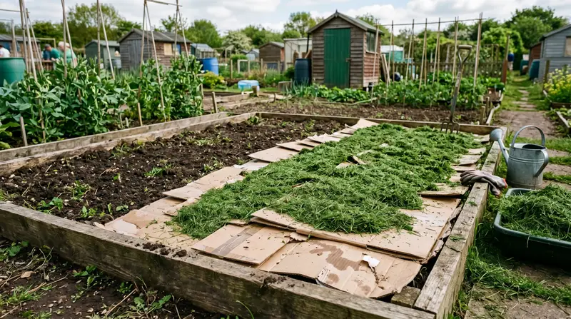 A UK allotment plot half-mulched with overlapping flattened cardboard sheets and a thick green layer of grass clippings on