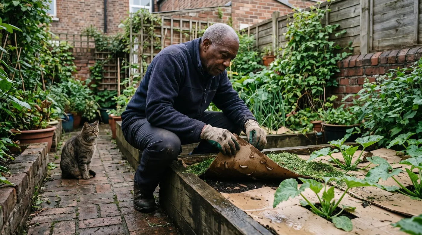 Gardener lifting the edge of cardboard mulch on a damp evening to check for slugs, with a cat watching