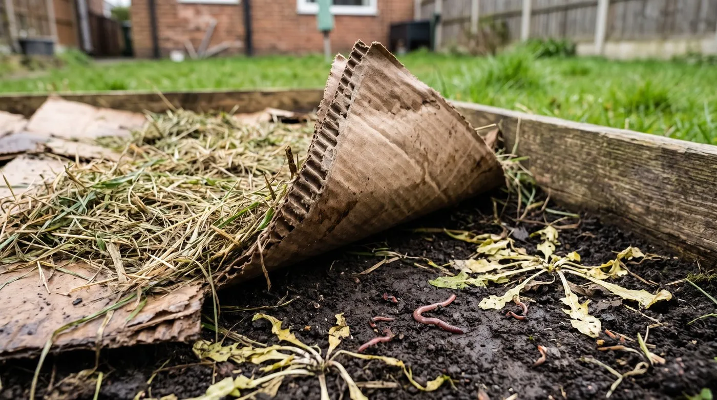 Corner of damp cardboard mulch lifted to show pale, dead weeds and earthworms on the soil underneath