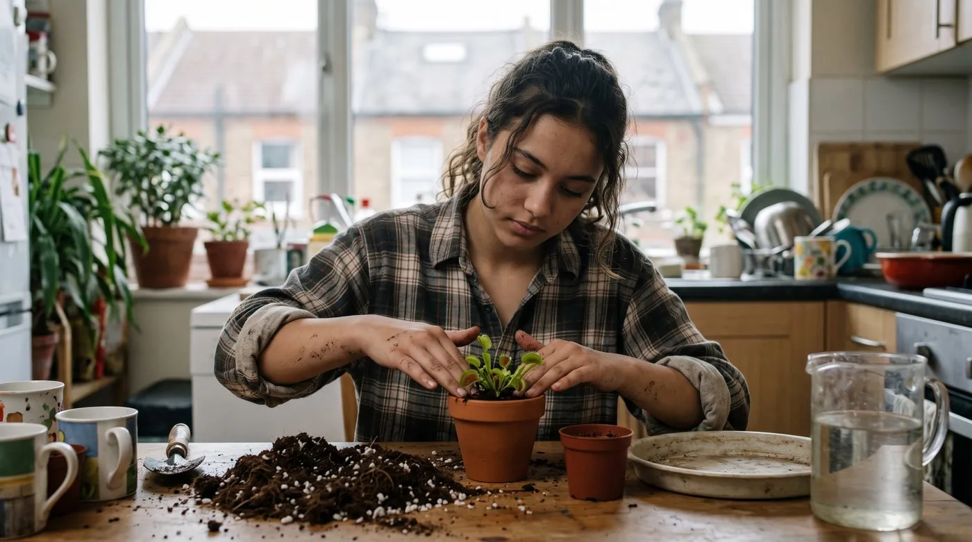 Teenager repotting a Venus flytrap into carnivorous plant compost with perlite at a kitchen table