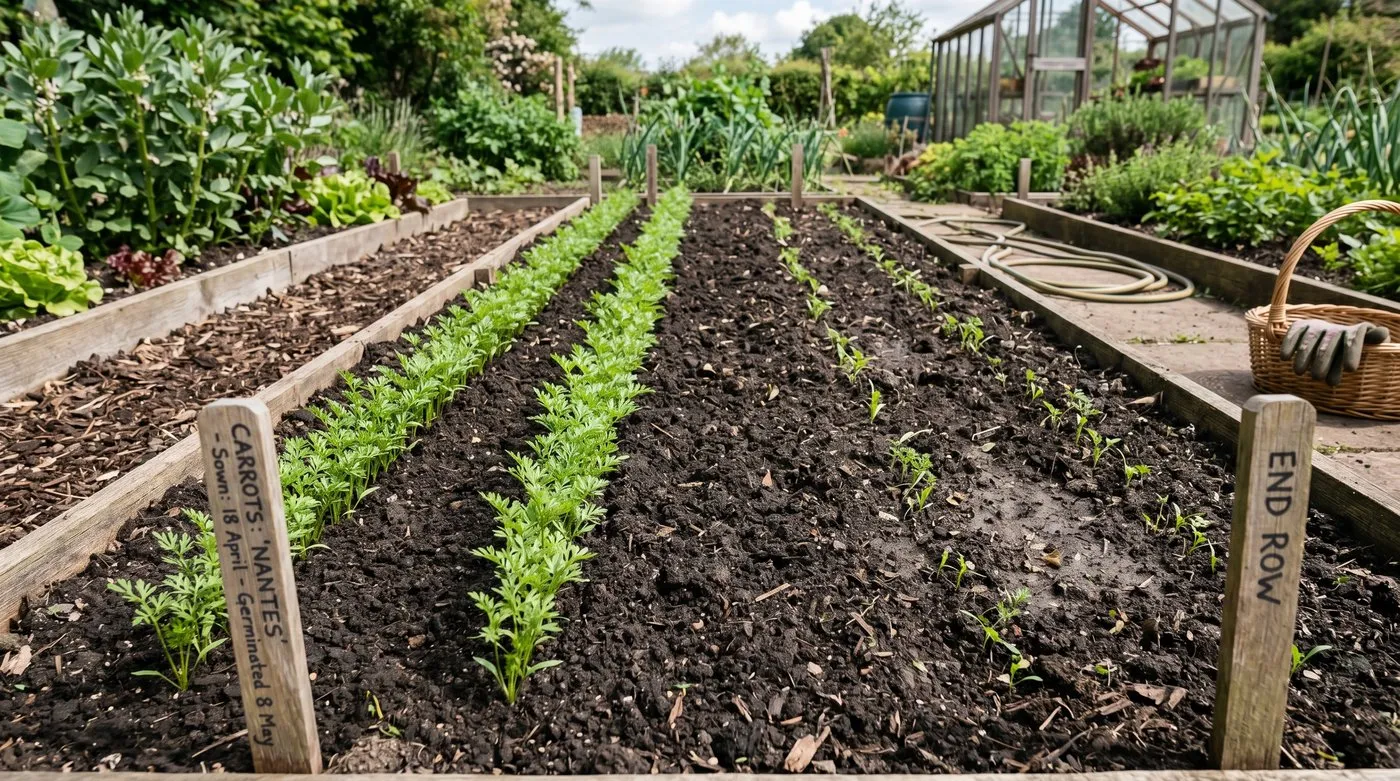 Garden bed with neat row of evenly germinated carrot seedlings from fluid drilling beside a sparser dry-sown row for comparison