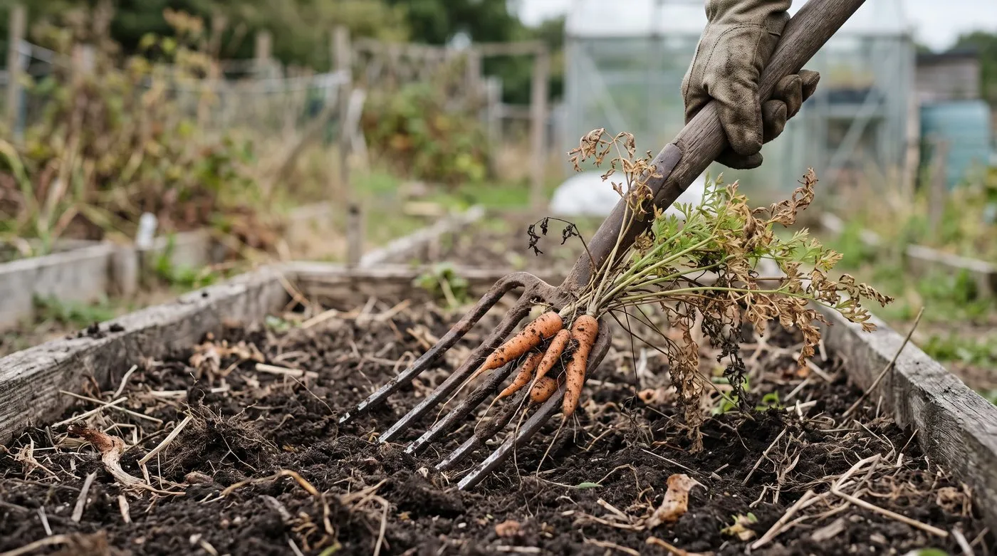 Fork lifting small carrots with brown, blackened tops caused by advanced carrot leaf blight