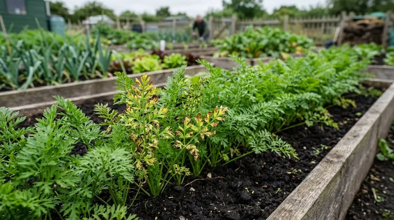 Carrot leaf blight symptoms showing yellowing and brown foliage in a UK allotment vegetable garden