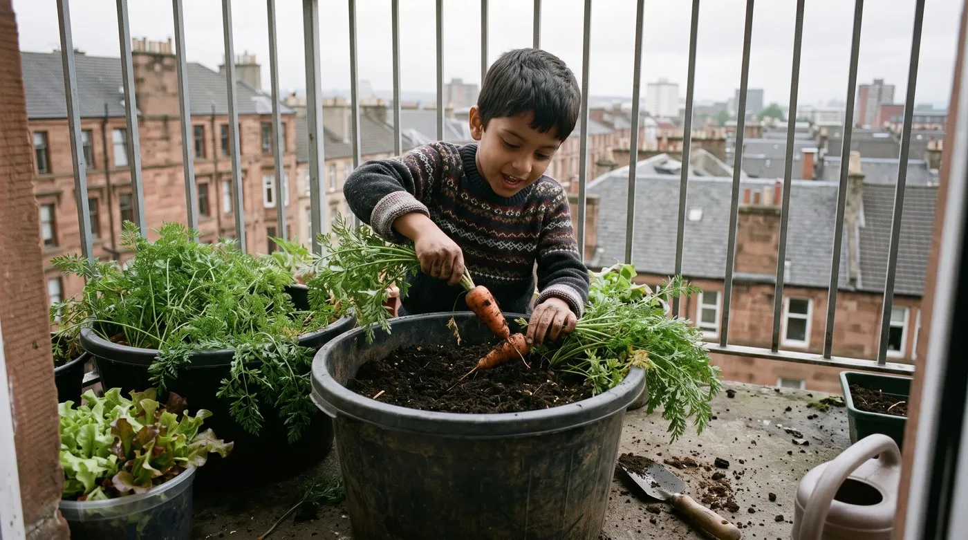 Boy pulling a short stumpy carrot from a deep tub of compost on a city balcony