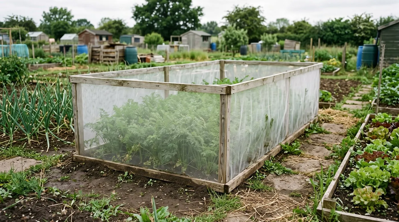 Carrot bed surrounded by a fine mesh barrier about 70cm tall on a wooden frame
