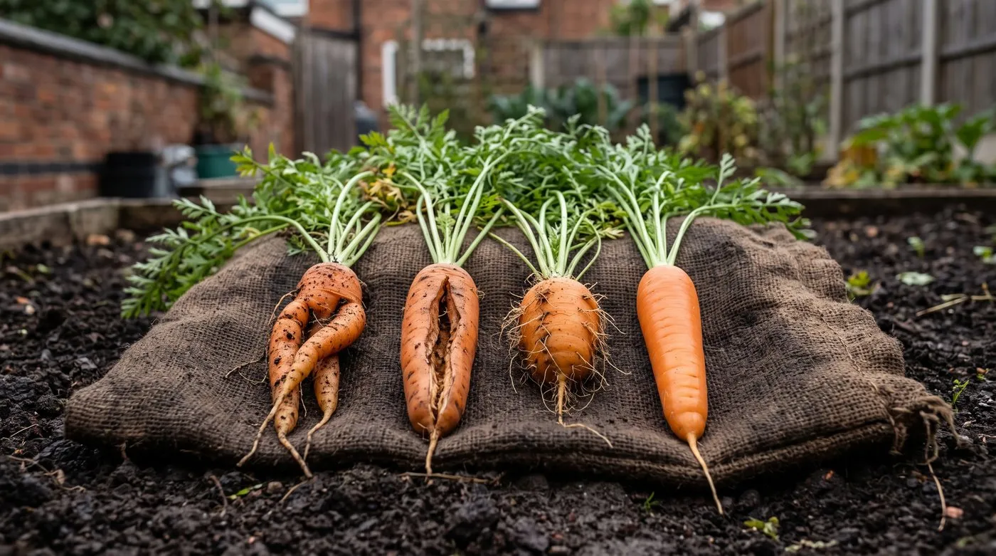 Forked, split and hairy carrots laid beside a smooth straight carrot for comparison