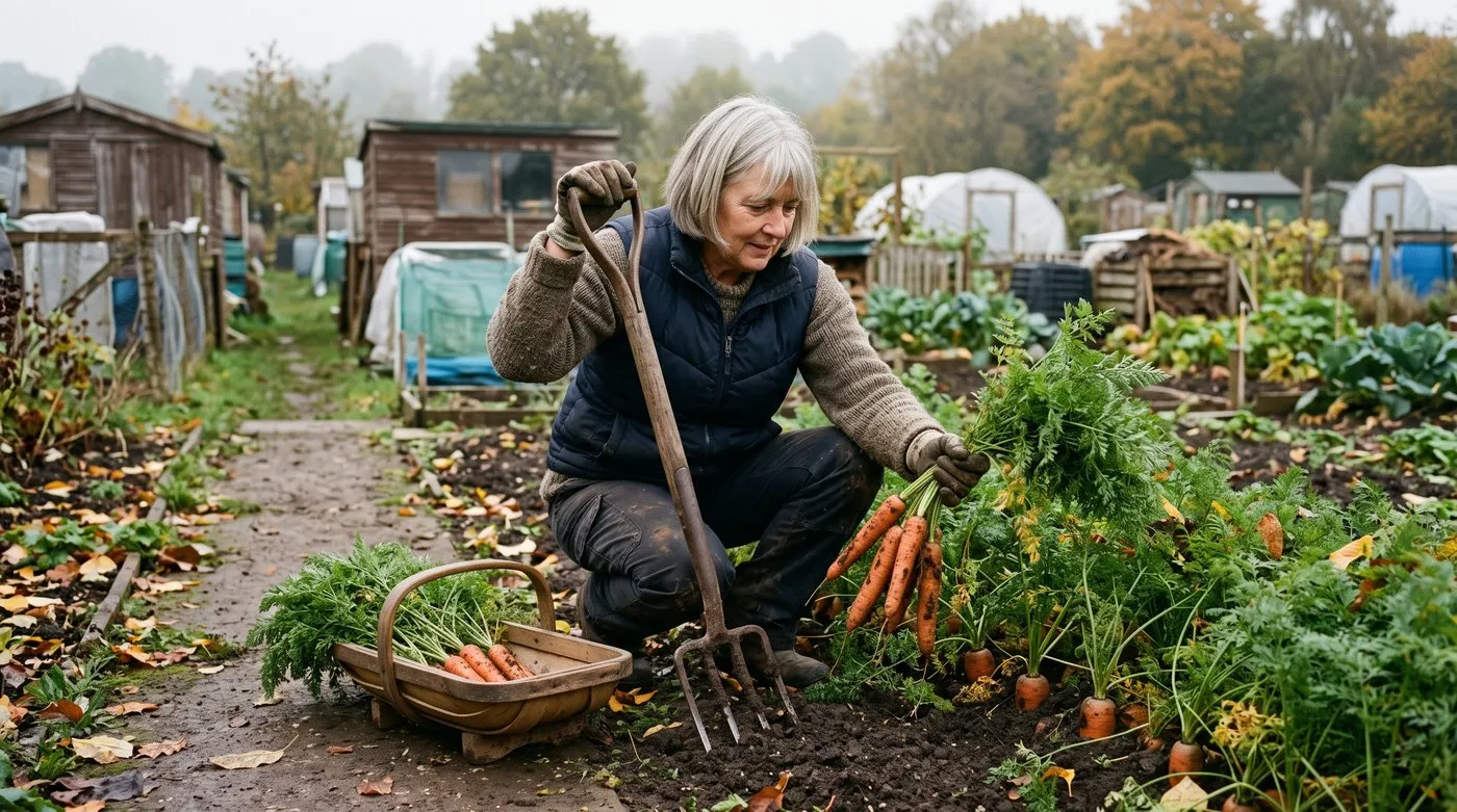 Woman loosening soil with a fork and pulling carrots from an allotment row