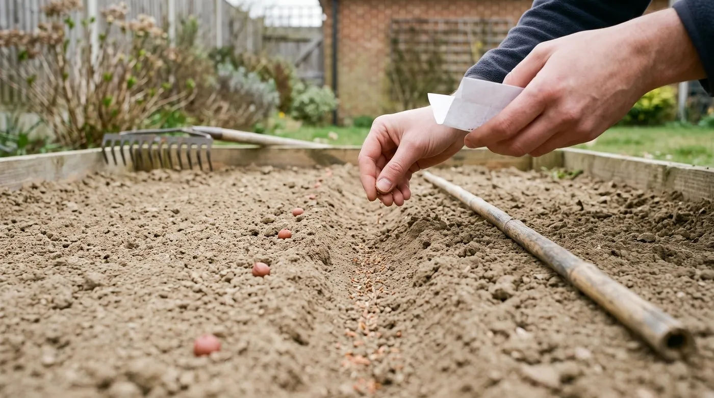 Carrot seed sown thinly in a shallow drill with radish seeds dotted along as row markers