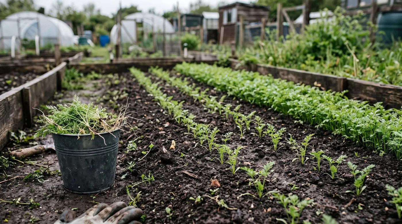 Row of carrot seedlings thinned to even spacing beside a still-crowded section, with thinnings in a bucket