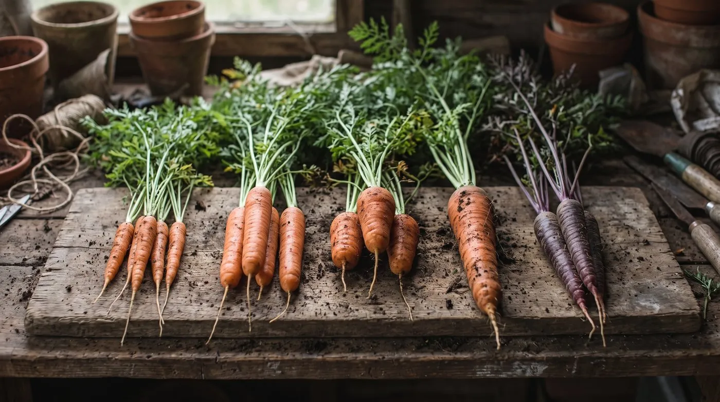 Different carrot types laid out, from slim early carrots to stumpy Chantenay, long Autumn King and purple
