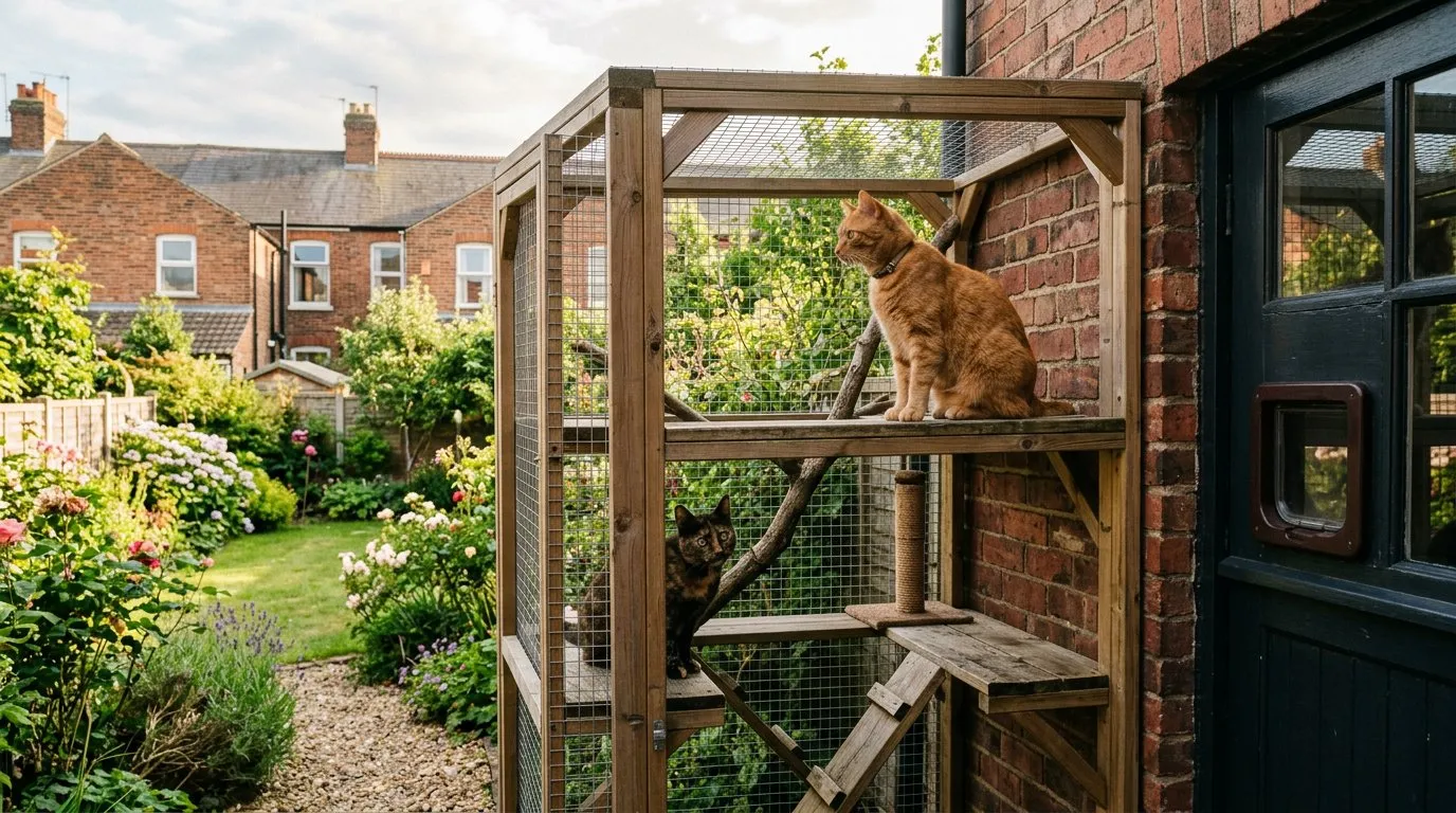 Wooden catio cat enclosure attached to a UK terraced house with mesh panels and cats on shelves inside