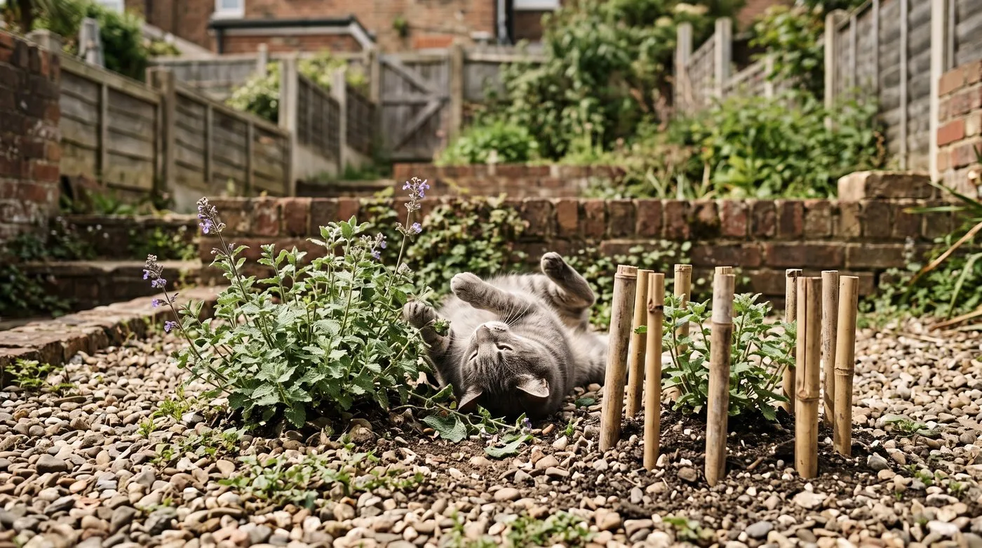 Tabby cat rolling in a young catmint plant next to another catmint protected by a ring of short canes