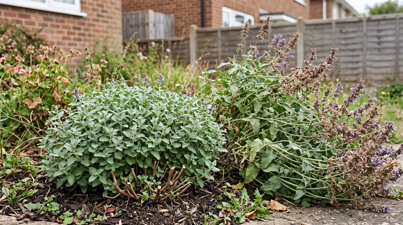 Catmint regrowing fresh silvery shoots after a hard cut back next to an uncut clump with faded flowers
