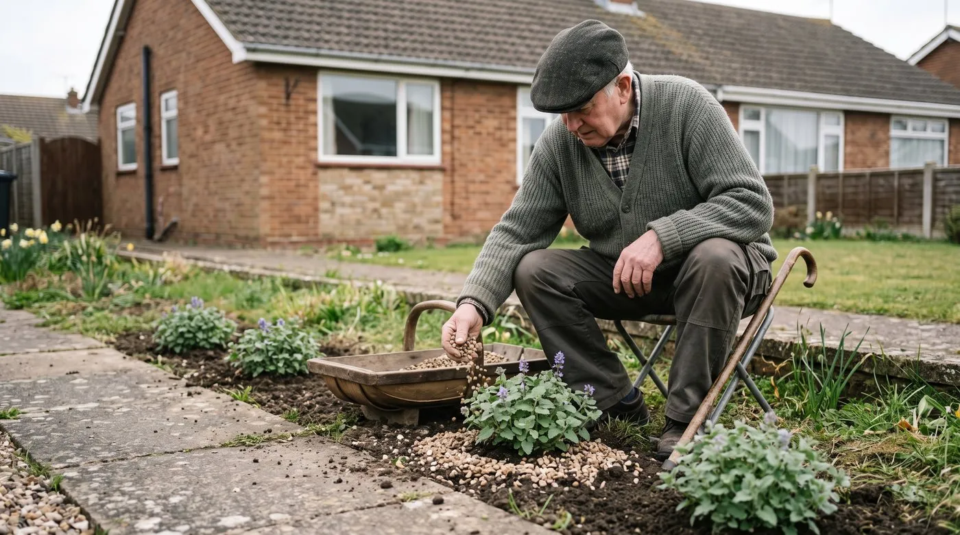 Older man spreading gravel around newly planted catmint along a sunny path edge