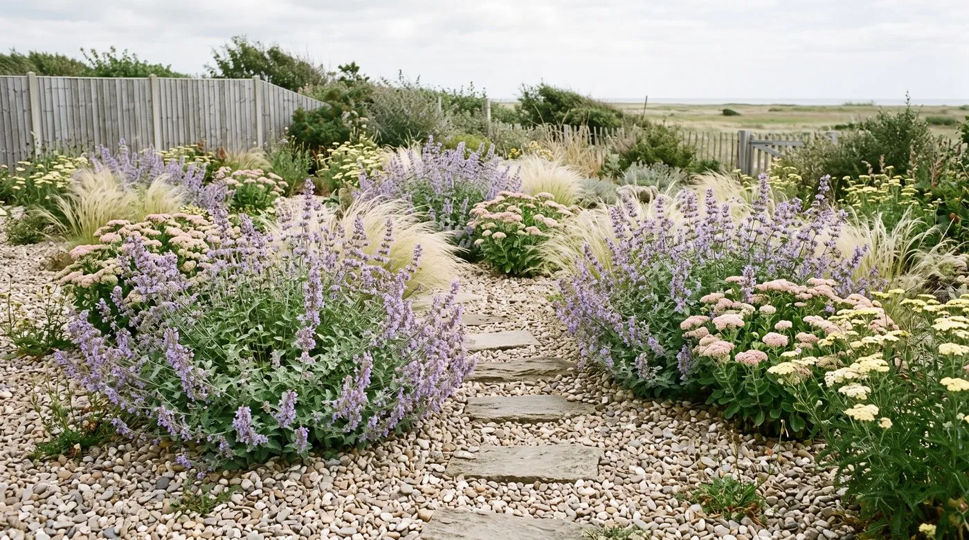 Large clumps of Six Hills Giant catmint in a gravel garden with grasses, sedum and yellow achillea