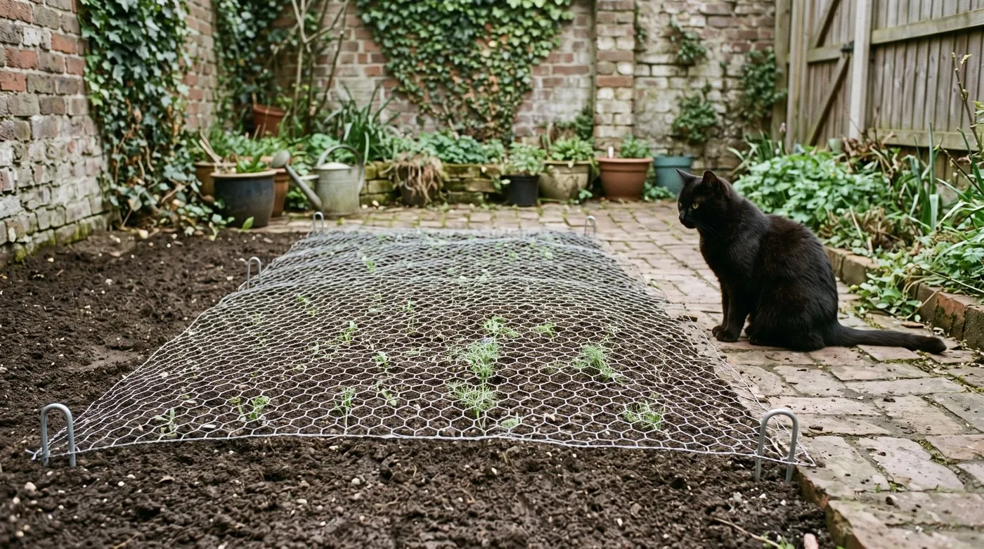Chicken wire pegged flat over a newly sown flowerbed with seedlings growing through and a cat watching