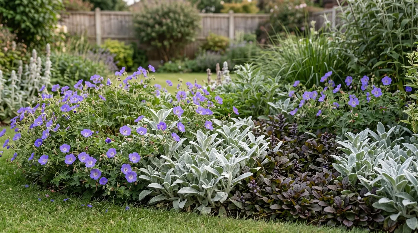 Border edge covered with hardy geranium, lamb's ear and bugle knitted together with no bare soil