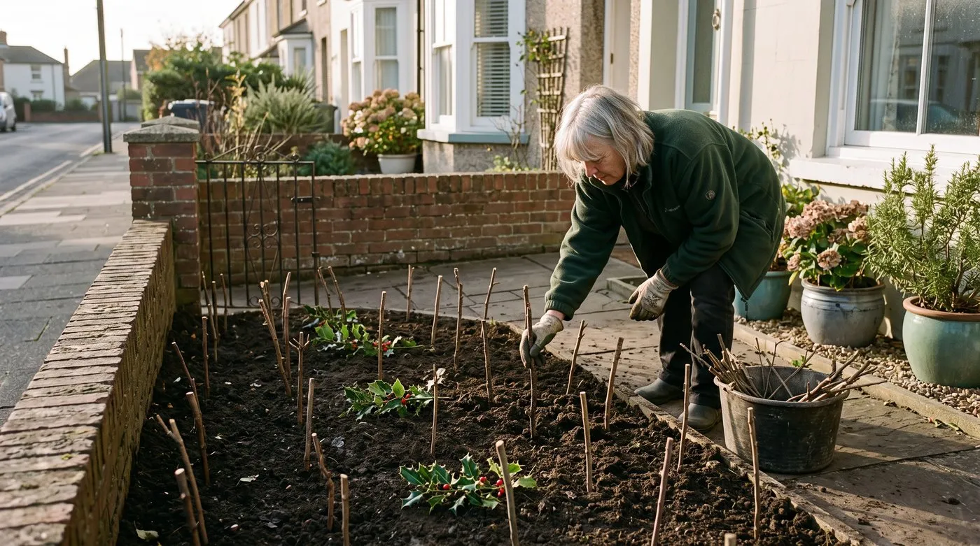 Gardener pushing short sticks into a newly planted bulb bed, with holly prunings on the soil