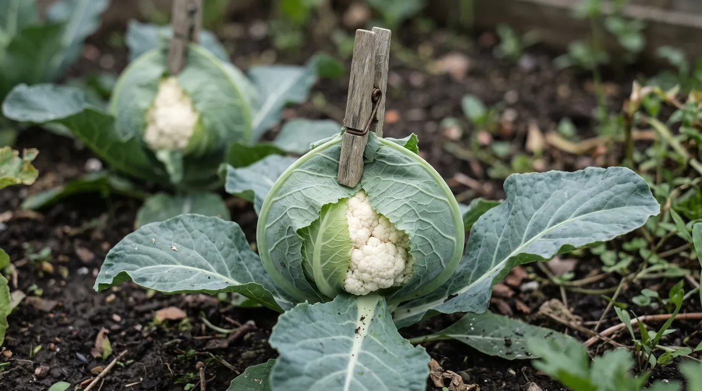 Outer leaves folded over a small white cauliflower head and held with a wooden peg