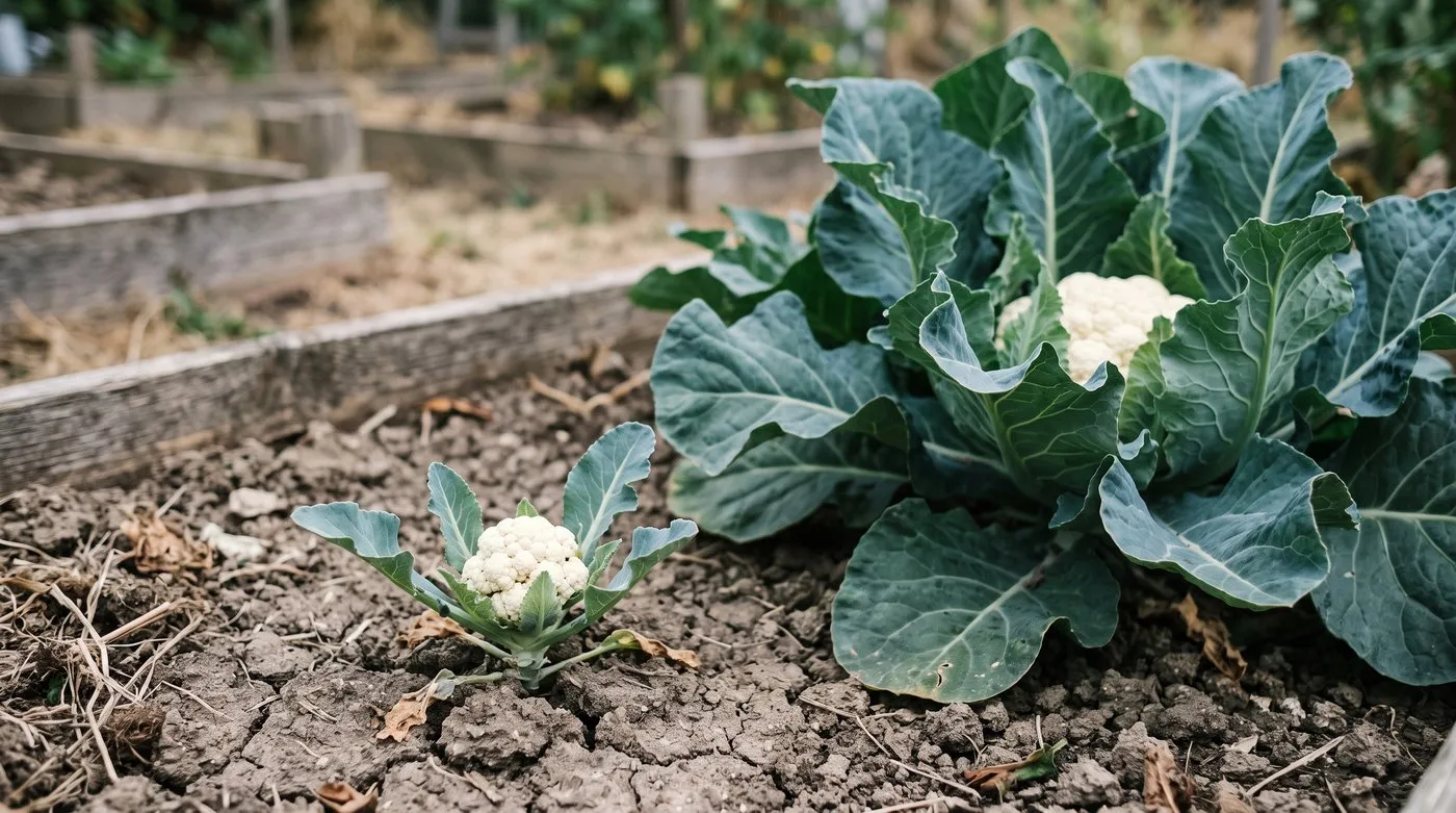 Small buttoned cauliflower with a tiny early head beside a well-grown plant in dry soil
