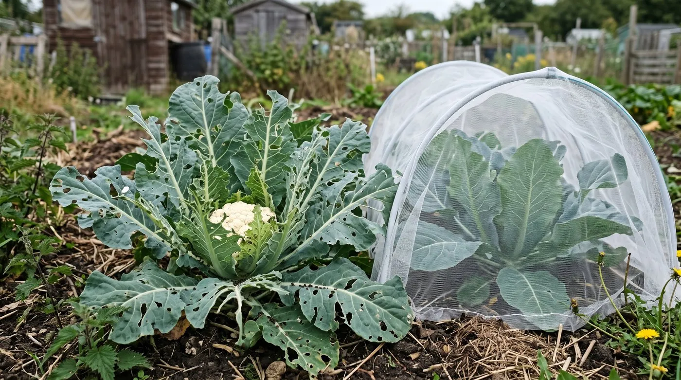 Cauliflower leaves riddled with caterpillar holes beside a whole-leaved plant under mesh