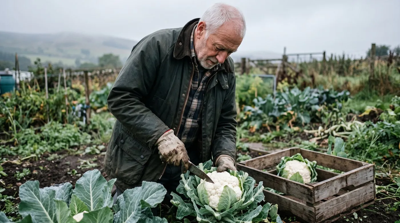 Older man cutting a tight white cauliflower head with a knife, leaving wrapper leaves around it