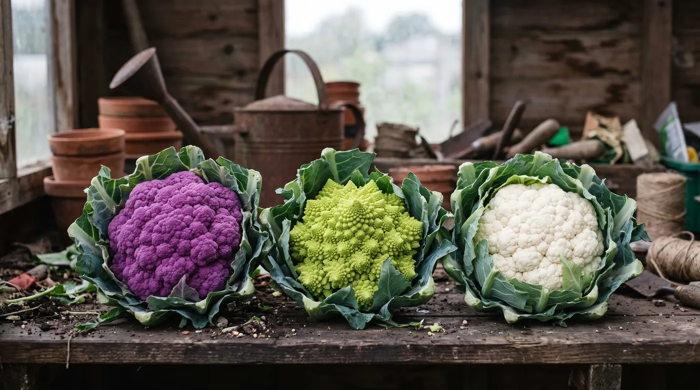Purple Graffiti, spiral green Romanesco and white cauliflower heads side by side on a bench