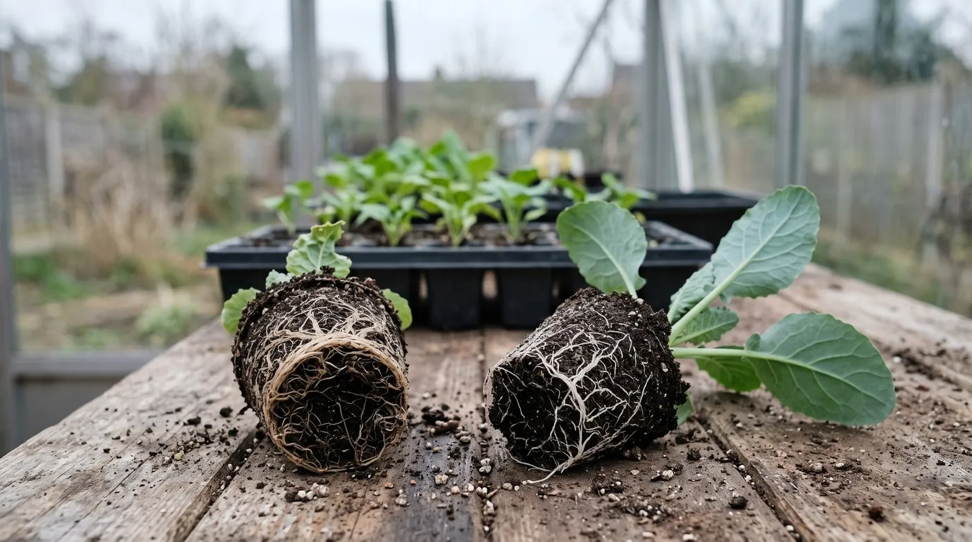 Pot-bound cauliflower seedling with circling roots beside a healthy seedling ready to plant out