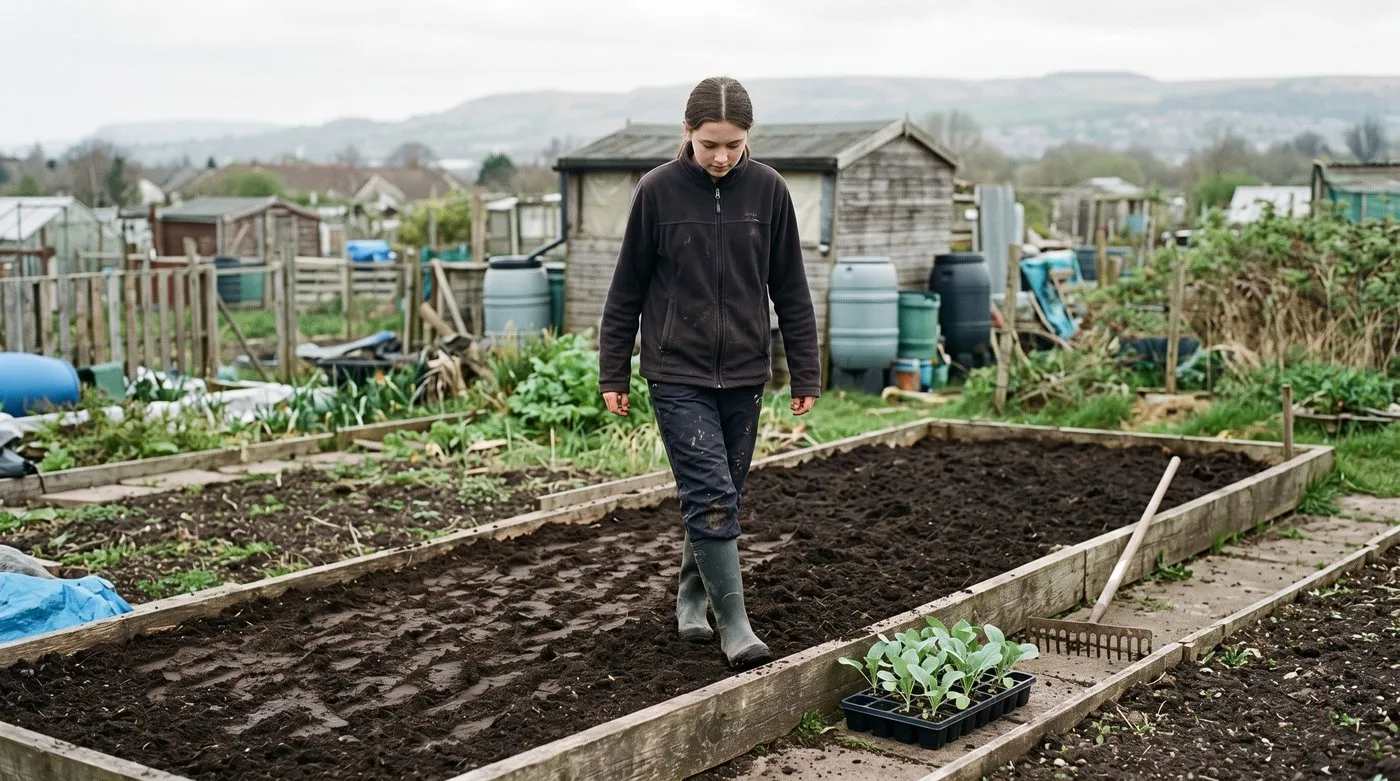 Teenage girl treading a compost-rich vegetable bed firm before planting cauliflowers