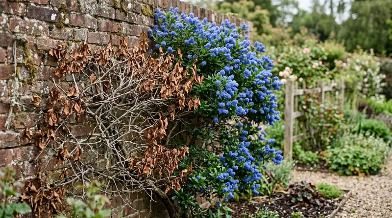 A wall-trained ceanothus in a UK garden, half bare dead branches and half vivid blue flowers, clearly struggling
