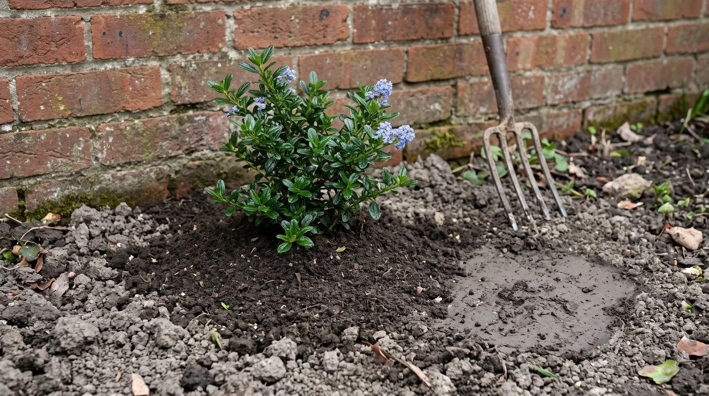 Young ceanothus planted on a low raised mound of soil above heavy clay beside a sunny brick wall