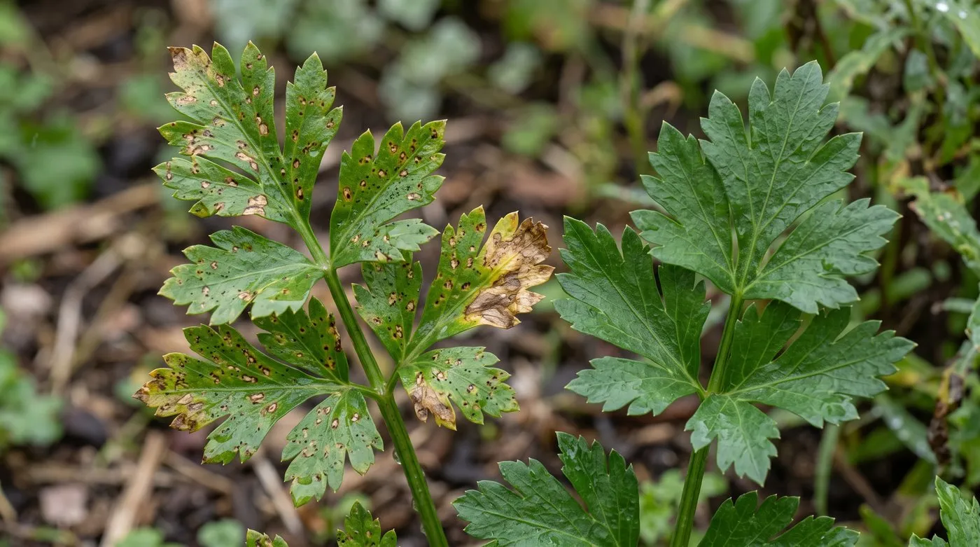 Celeriac leaves with small brown spots dotted with black specks from celery leaf spot