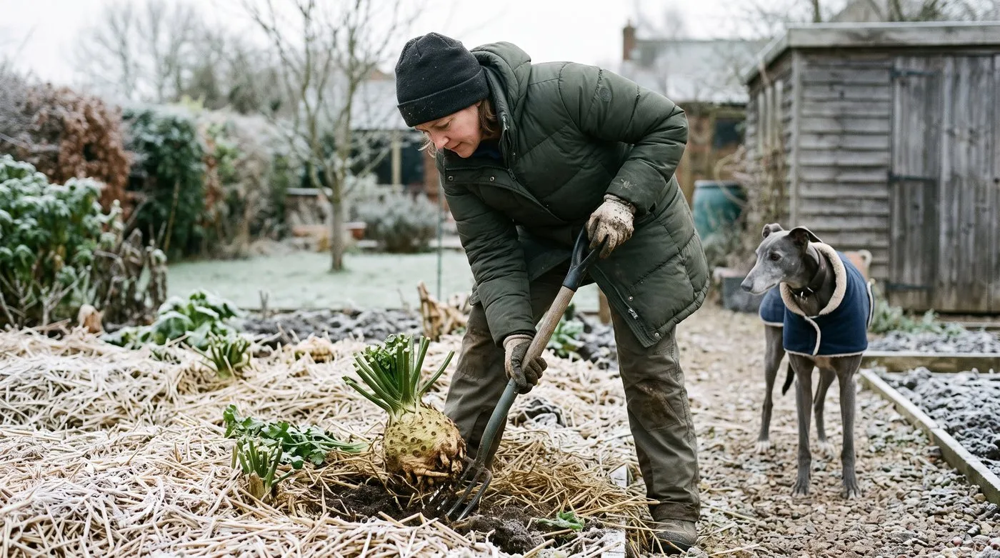 Woman lifting a knobbly celeriac with a fork from a frosty bed while a greyhound watches