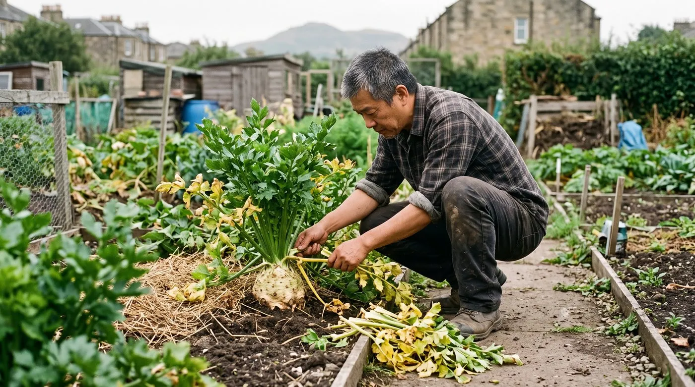 Man pulling old outer leaves and side shoots from celeriac with swelling roots above the soil