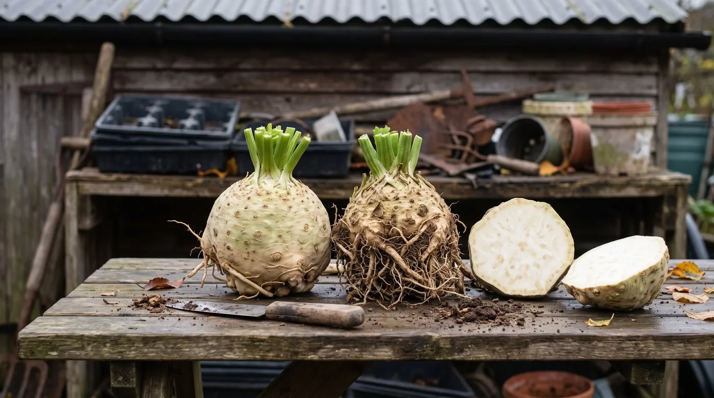 Smooth celeriac root beside a rough knobbly one, with a halved root showing white flesh
