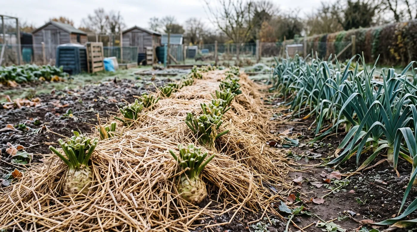 Row of celeriac tucked under a thick layer of straw for winter beside a row of leeks