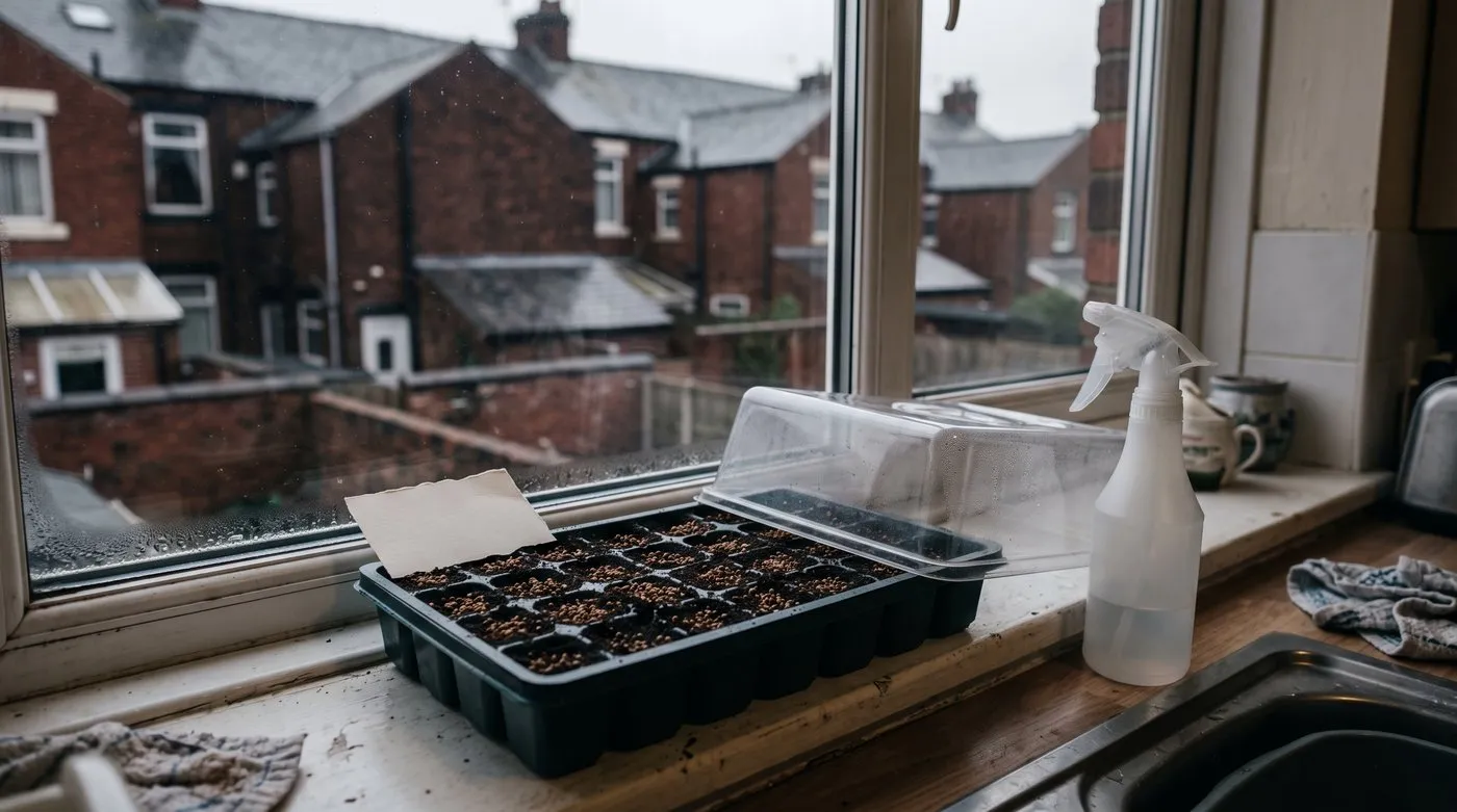 Tiny celeriac seeds pressed onto the surface of compost in a module tray beside a propagator lid